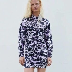 NWT Zara The Dita Dress Black and Lilac Satin‎ Print M MSRP: $118